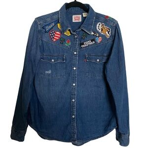 Levi's Blue Denim Shirt with Colorful Patches Size L